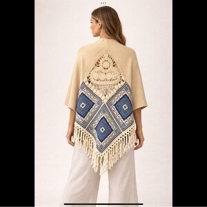 Boho Crochet Back Shawl Kimono Fringe Poncho Blue Cream Geometric Festival Wrap